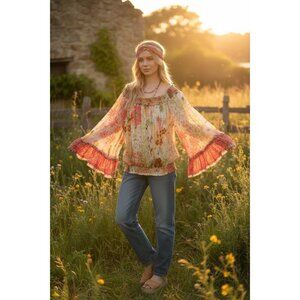 Aratta Antrhopologie Floral Bell Sleeves Top Women Small Off Shoulders Y2K Retro